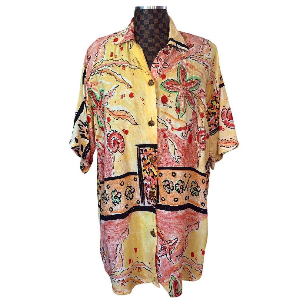 Vtg 80s Abstract Floral Blouse Sequin Beaded Size 2X Retro Oversized Beachy Glam - Picture 2 of 13